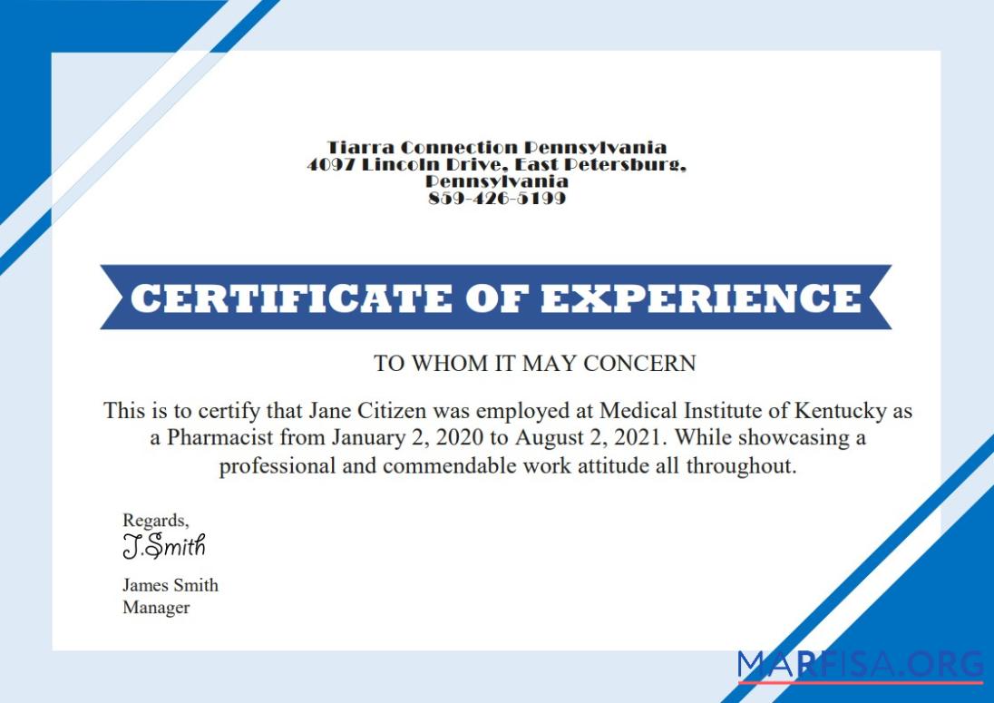 Downloadable USA Job Experience cert Version 2 sample